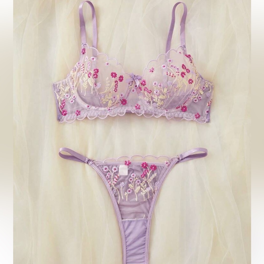 Floral Embroidered Lavender Lingerie Set